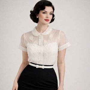 1940s 1950s Vintage Debcraft Sheer Pleated Lace Fan Pearl Button Up Top #20